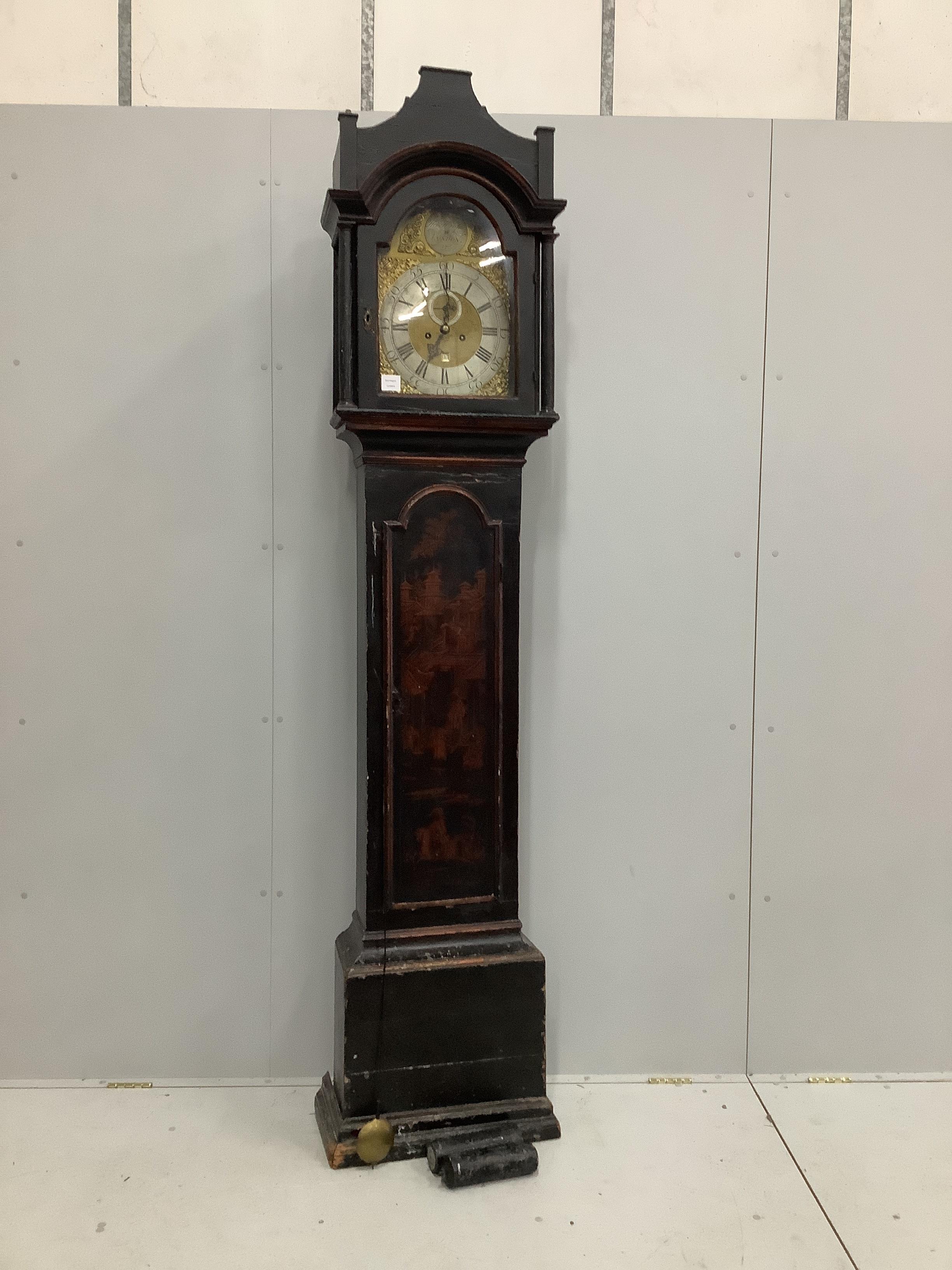 An early 18th century chinoiserie lacquer eight day longcase clock, the arched dial marked Henry Harrison, London, height 245cm